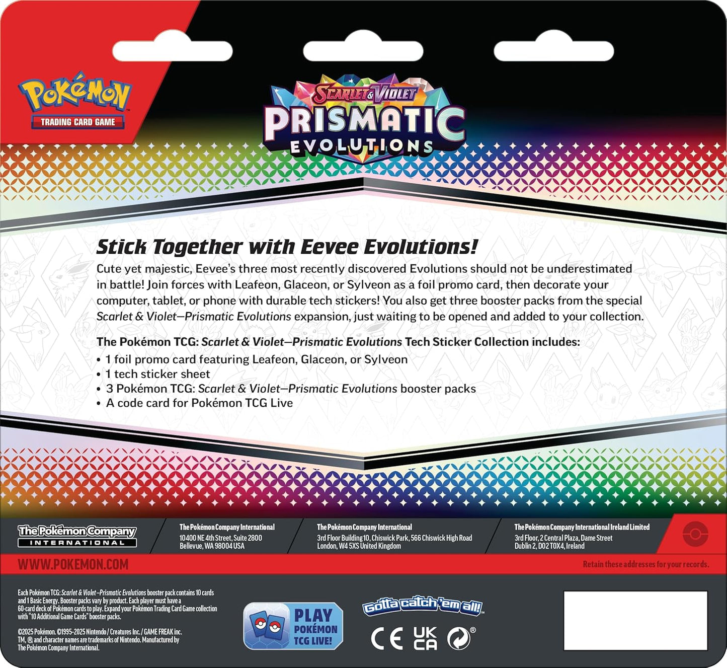 Pokémon TCG: Scarlet & Violet—Prismatic Evolutions Tech Sticker Collection – Glaceon (1 Foil Promo Card & 3 Booster Packs)