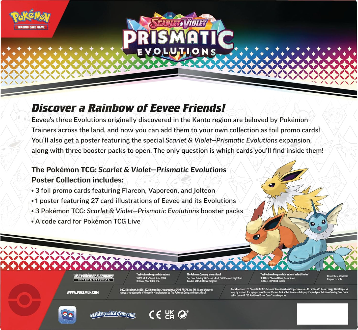 Pokémon TCG: Scarlet & Violet—Prismatic Evolutions Poster Collection (3 booster packs & 3 Foil Promo Cards)