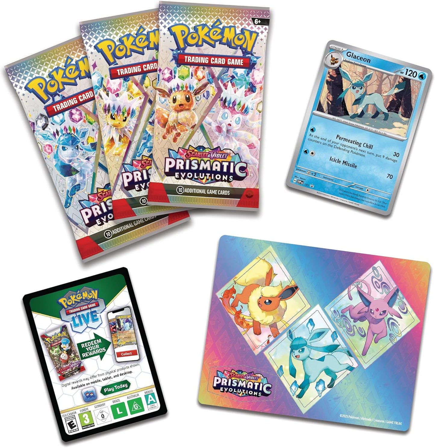 Pokémon TCG: Scarlet & Violet—Prismatic Evolutions Tech Sticker Collection – Glaceon (1 Foil Promo Card & 3 Booster Packs)