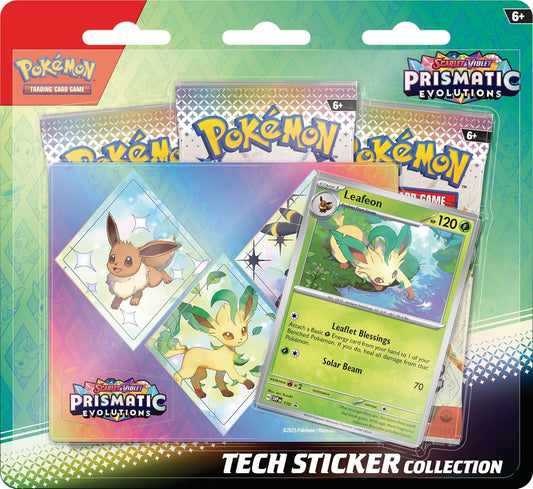 Pokémon TCG: Scarlet & Violet—Prismatic Evolutions Tech Sticker Collection – Leafeon (1 Foil Promo Card & 3 Booster Packs)